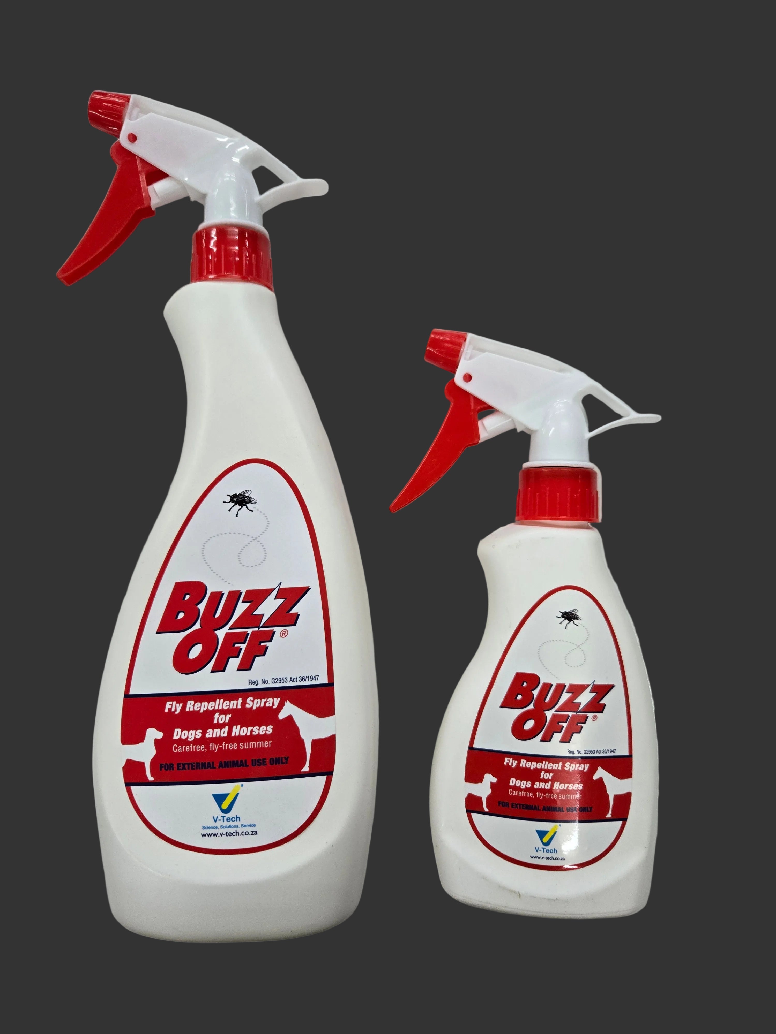 Two Buzz Off pest control bottles on a white surface